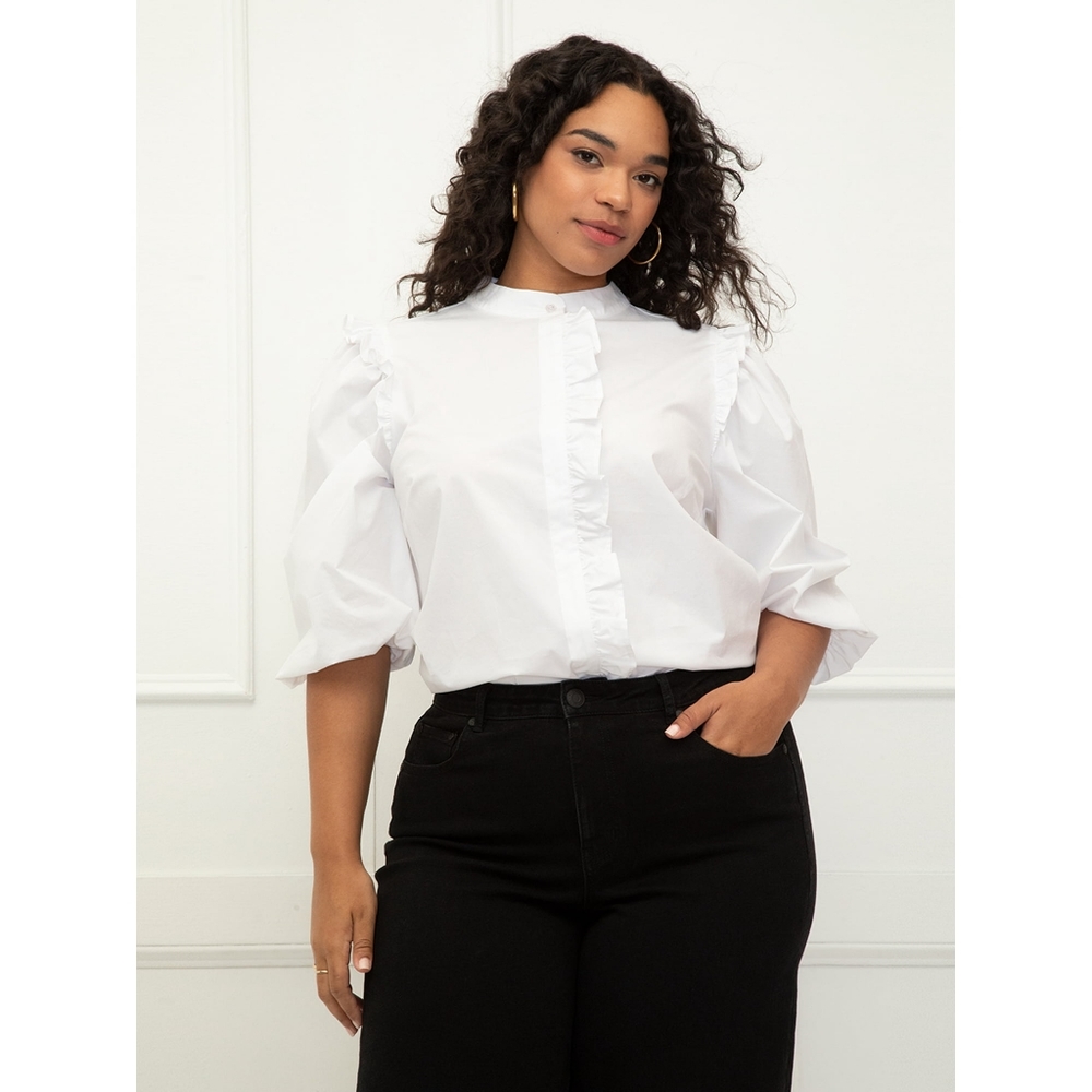 Eloquii  Elements Women's Plus Size Puff Sleeve Shirt With Ruffles